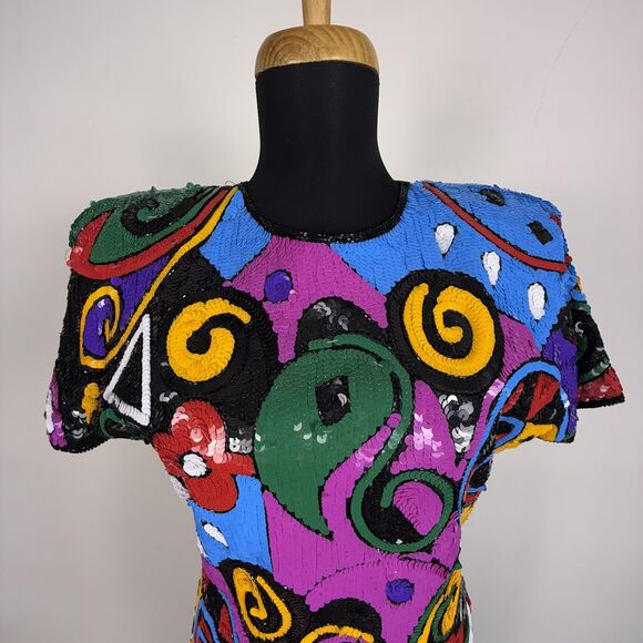 Vintage 80s Laurence Kazar Silk Beaded Sequin Dress | Abstract Geometric Sheath - Picture 2 of 14
